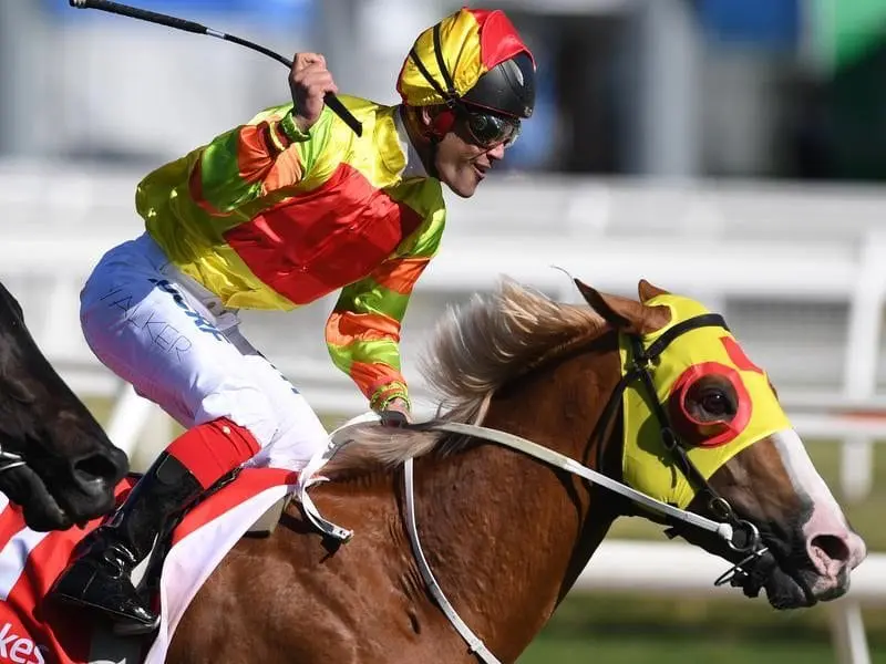 Michael Walker reacts after riding Mighty Boss to victory