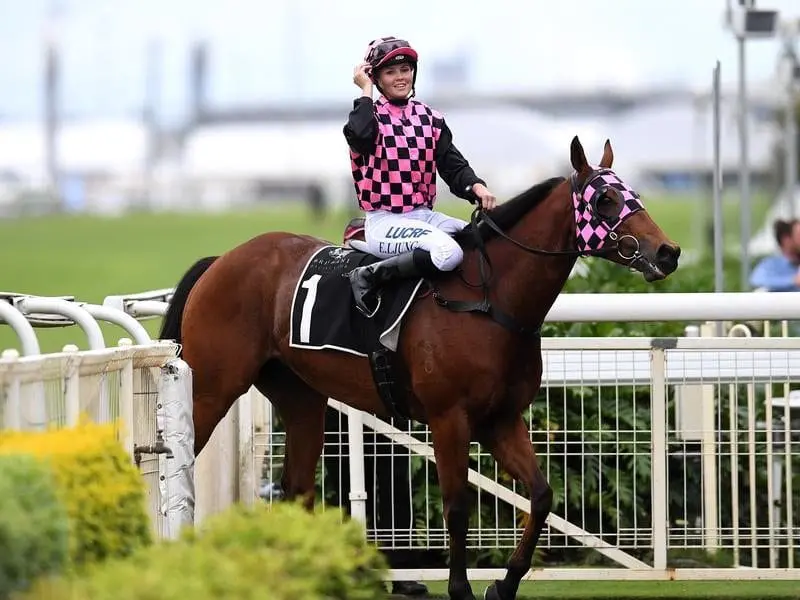 Jockey Emma Ljung smiles after riding Hopfgarten to win