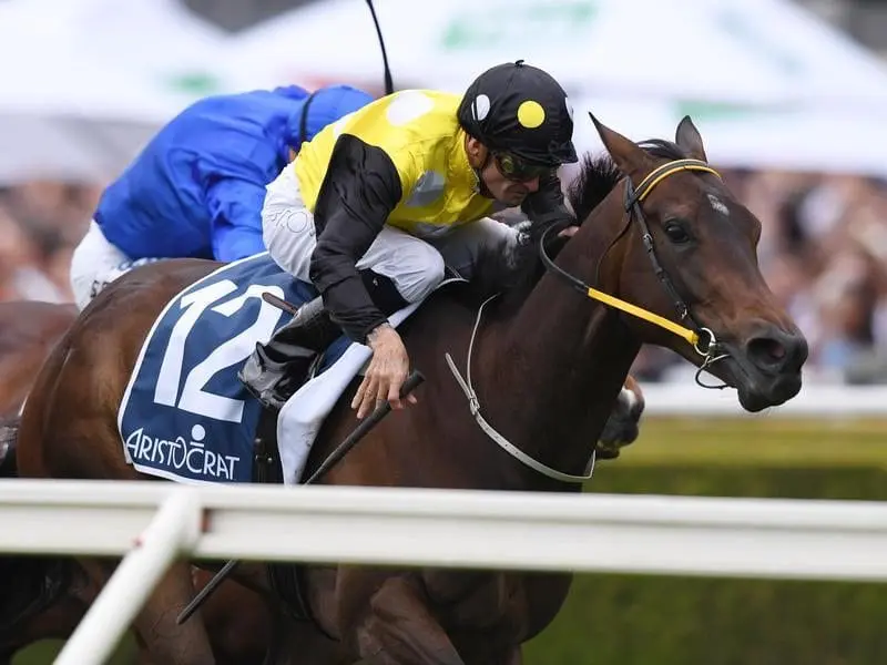 In Her Time, ridden by Corey Brown, wins the Sydney Stakes