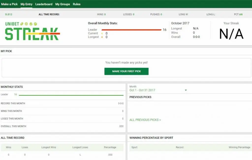 Unibet Streak interface Unibet Streak interface