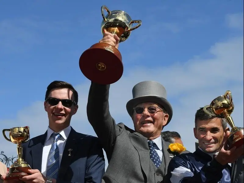 Trainer Joseph O'Brien, part owner Lloyd Williams, jockey Corey Brown