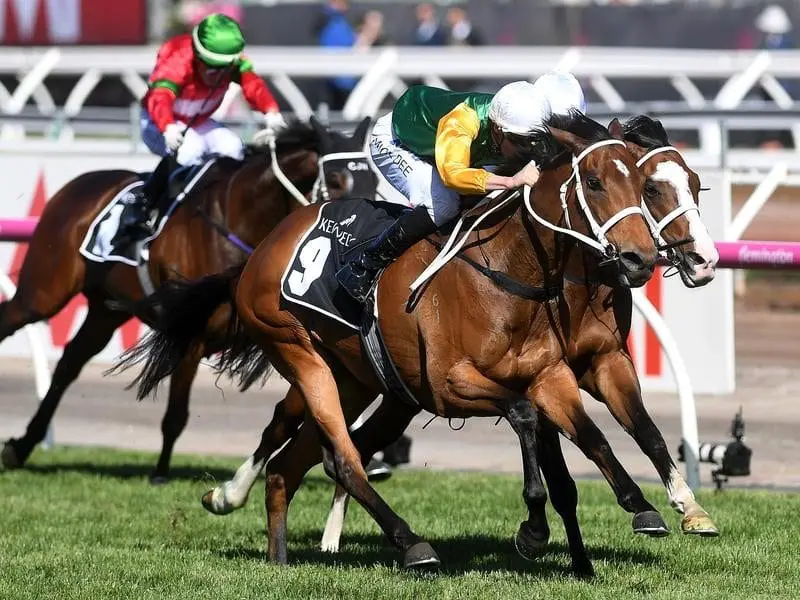 Michael Dee rides Shillelagh (centre) to victory in the Kennedy Mile.