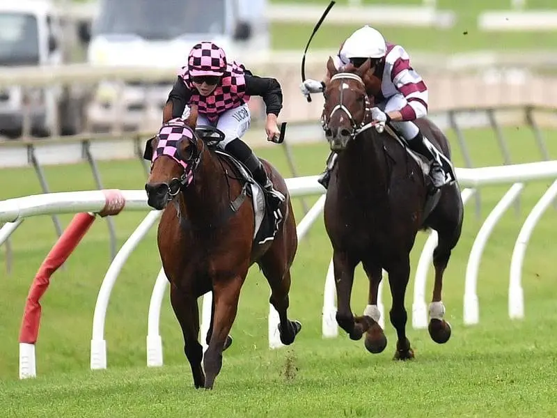 Emma Ljung (l) rides Hopfgarten to win race 8, the Bartons Open.