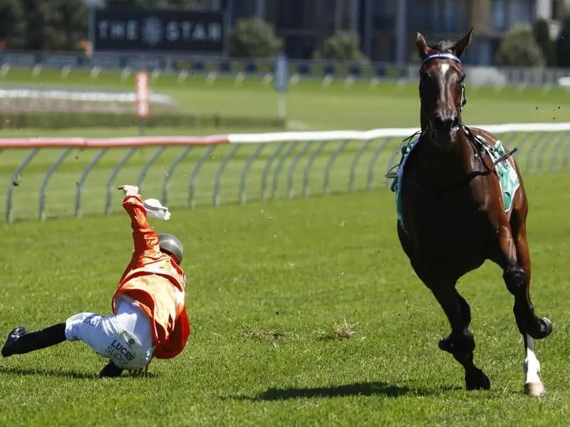 Jason Collett is flung to the turf at Randwick.