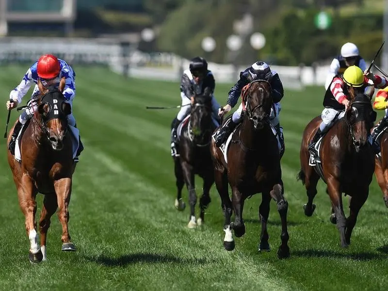 Redkirk Warrior (left) has won the $1.25m Newmarket Handicap at Flemington for the second time. Regan Bayliss (L) rides Redkirk Warrior to win the Newmarket Handicap