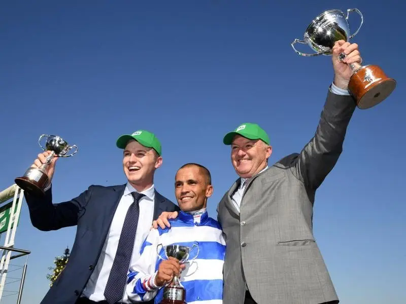 The Lindsay Park stable stole the show on Super Saturday at Flemington. (L-R) Trainer Ben Hayes, jockey Michael Walker and trainer David Hayes