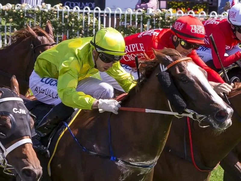 Dothraki (second from right) has won the Group Three Maurice McCarten Stakes at Rosehill on protest. Tye Angland rides Dothraki to win race 5.