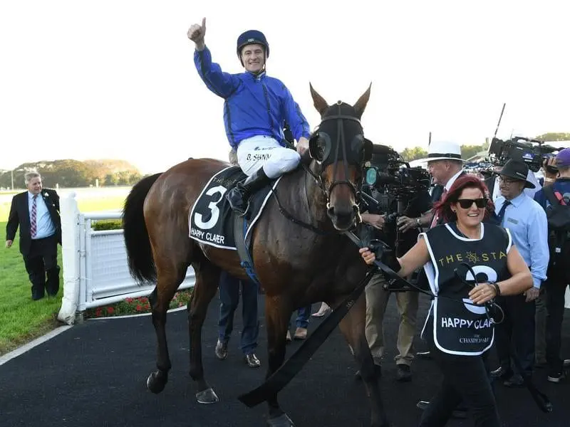 Jockey Blake Shinn on Happy Clapper.