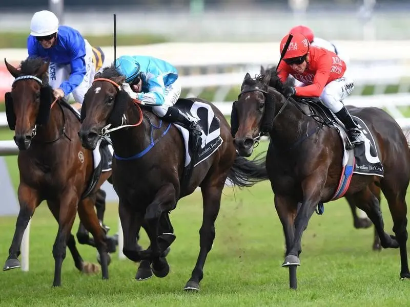 Moss Trip (right) manged to win in a photo finish at Randwick after missing the start. Moss Trip ridden by Kerrin McEvoy (right)
