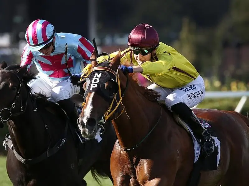 Jockey Fred Kersley rides Malibu Style (right) to victory in race 5