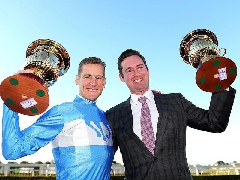 Jockey Blake Shinn and co-trainer Adrian Bott.