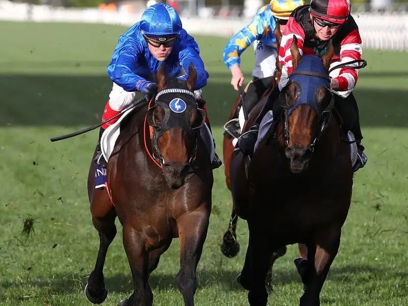 Encryption (left) wins the Danehill Stakes.