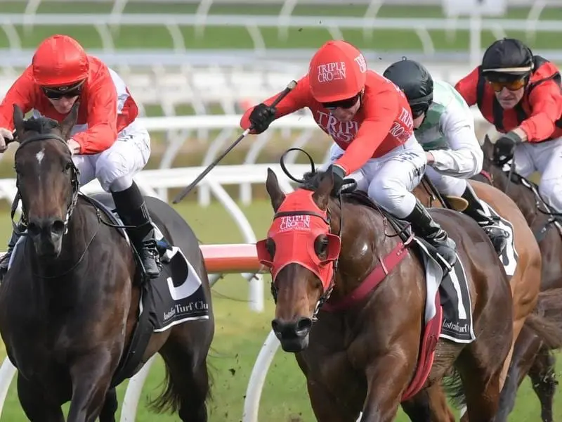 Redzel (right) showed he is on track to defend his Everest crown with a first-up win at Randwick. Redzel (right) wins the Concorde Stakes.