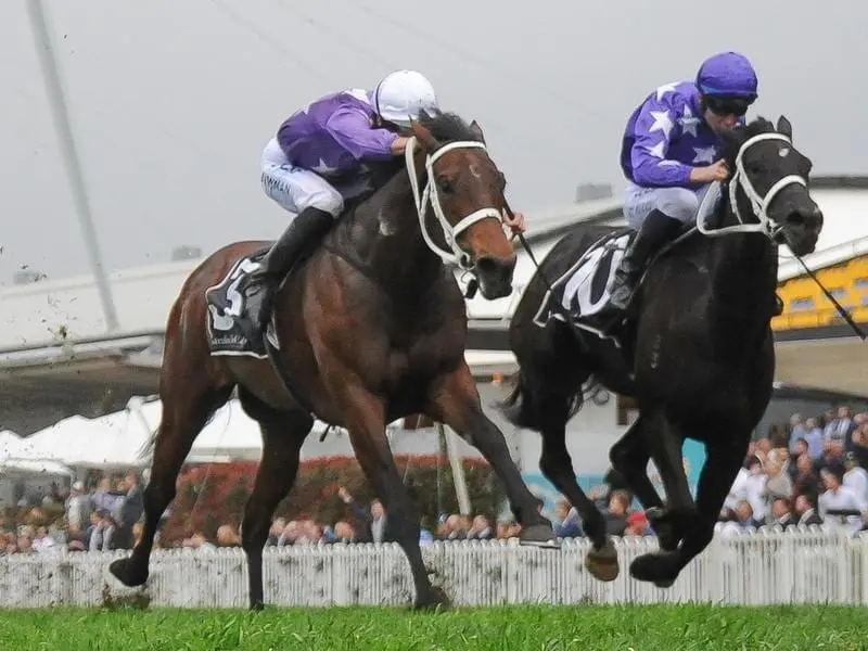 Invincibella (left) and Noire fight out the Sheraco Stakes.