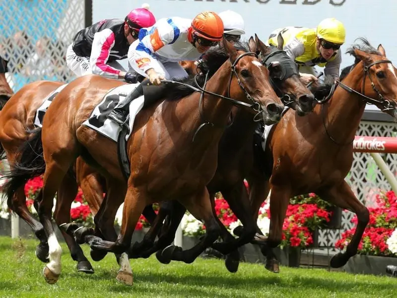 Beauty (left) has surprised trainer Tony McEvoy with her win in the Listed Crockett Stakes. Beauty (left) wins at Moonee Valley.