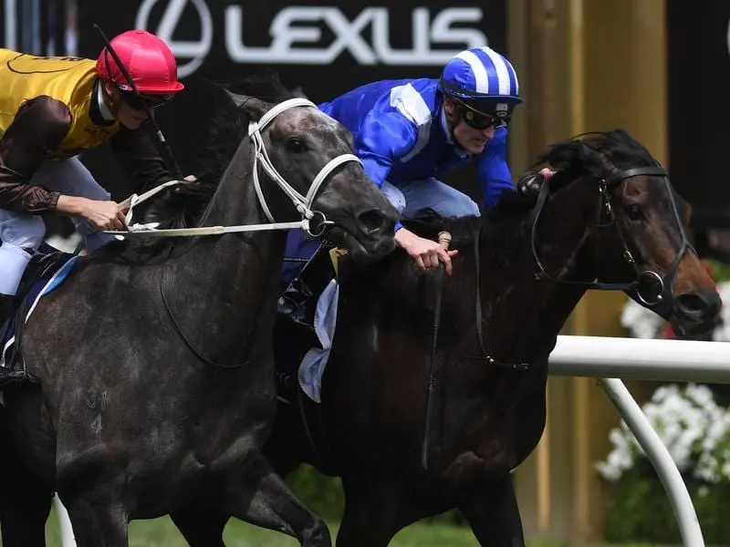Jaameh (right) beats Sully at Flemington.