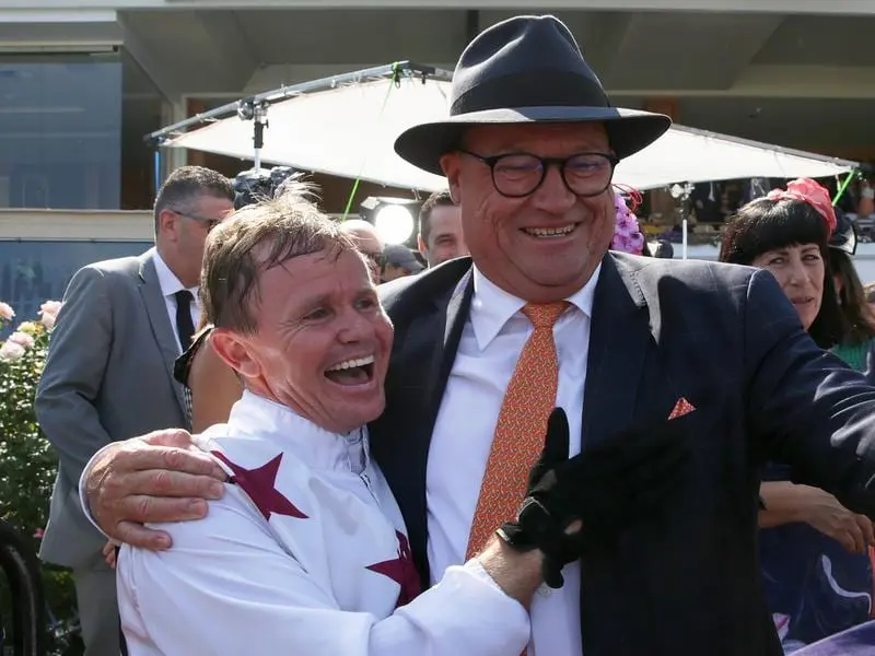 Jockey Barend Vorster with trainer Tony McEvoy (file image)