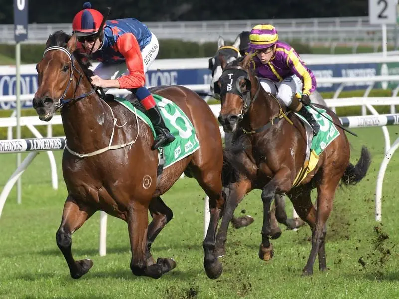 Jockey Hugh Bowman rides Sir Elton to victory at Randwick.