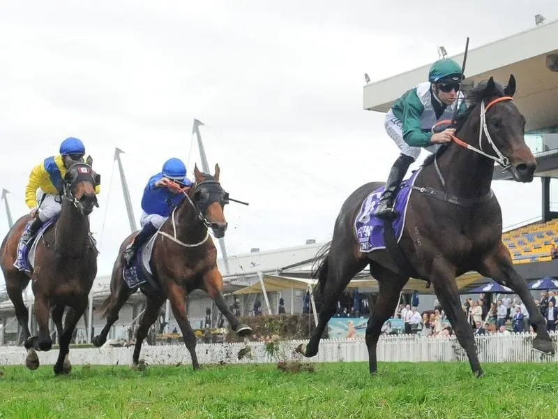 Exceedance wins the San Domenico Stakes at Rosehill.