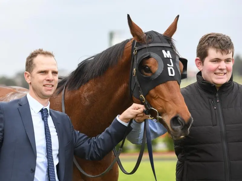 Matthew Dale (left) with Sandown winner Shangani Patrol.