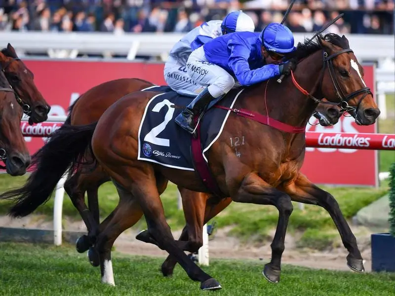 Trekking wins the Schillaci Stakes at Caulfield.