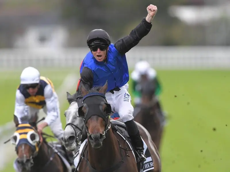 Josh Parr celebrates winning the Spring Champion Stakes.