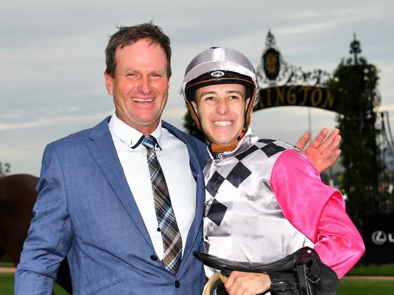 Trainer Paul Preusker and jockey Jordan Childs will chase Melbourne Cup glory with Surprise Baby. Trainer Paul Preusker and jockey Jordan Childs.