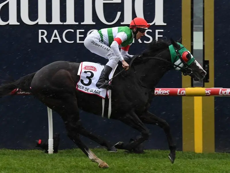 Damian Lane has ridden Caulfield Cup winner Mer De Glace in work ahead of the Melbourne Cup. mer de glace