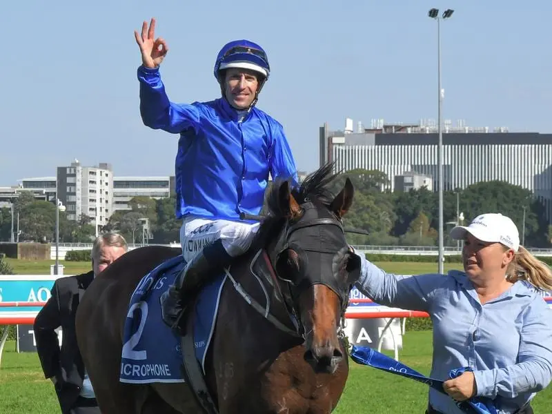 Microphone after winning the 2019 ATC Sires' Produce Stakes.