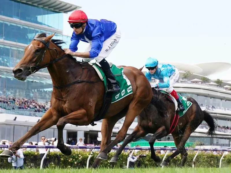 Rubisaki wins the Kewney Stakes at Flemington.