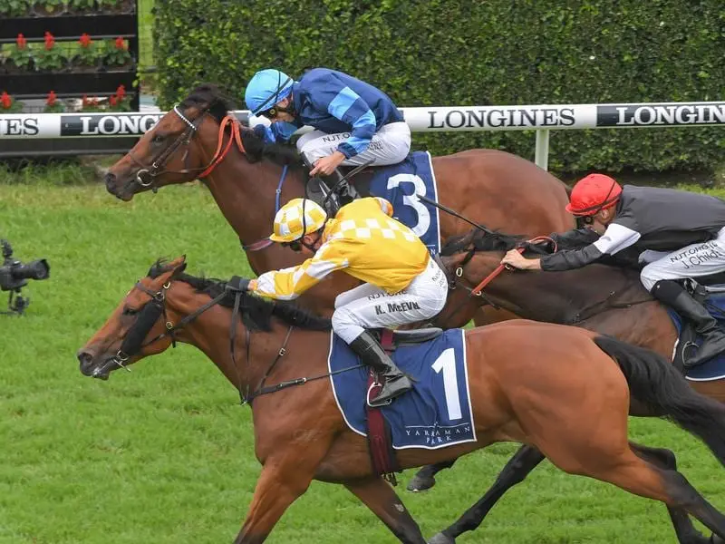 Dame Giselle (outside) wins the Reisling Stakes.