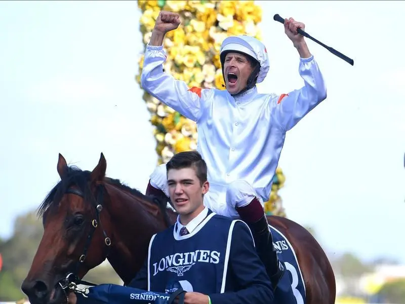 Hugh Bowman returns to scale on Golden Slipper winner Farnan.