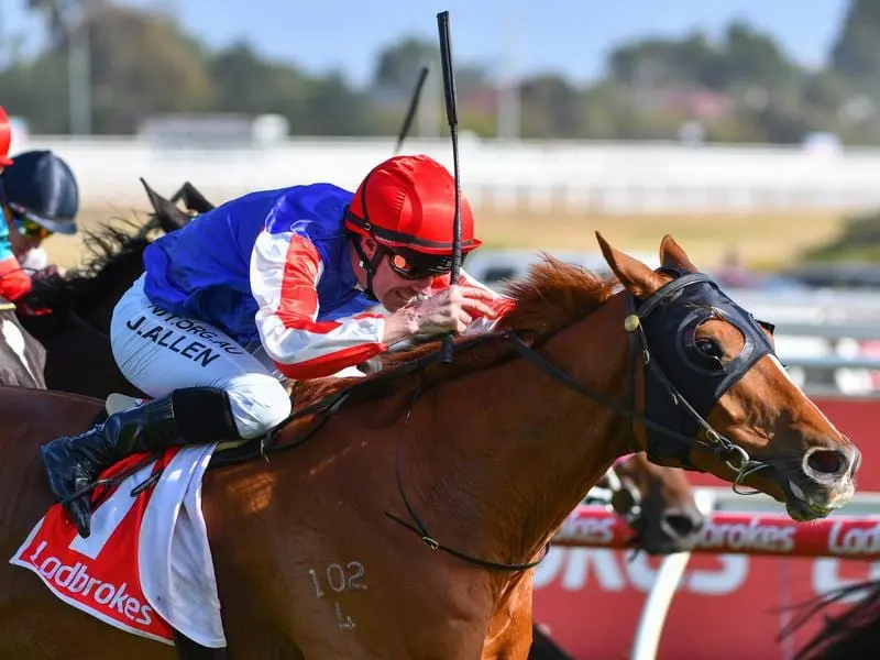 Jockey John Allen rides Skelm to victory in the Jason Caffyn Handicap.