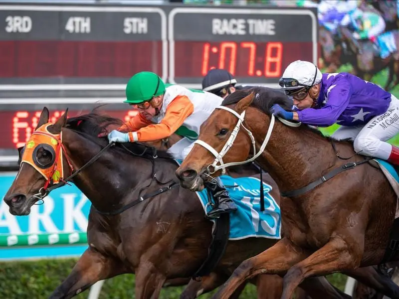 Love You Lucy (left) has upstaged a quality field of fillies and mares to win the Silk Stocking. Love You Lucy wins the Group Three Silk Stocking.