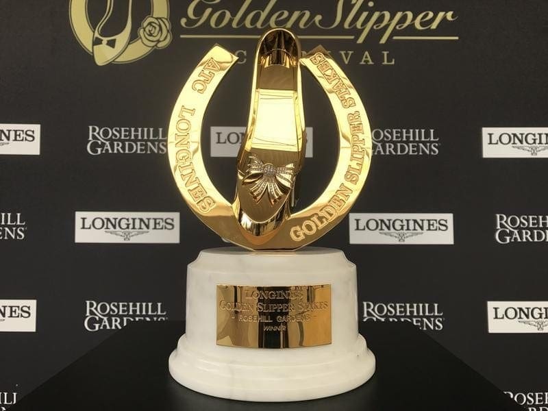The trophy for the $3.5 million Golden Slipper for two-year-olds which will be run at Rosehill. golden slipper