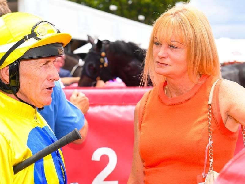 Trainer Kelly Doughty (r) will fight a 12-month ban over elevated cobalt levels in winner Blue Book. kelly doughty