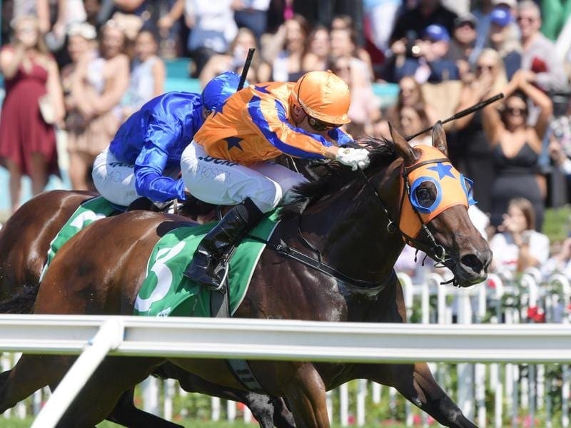 Jockey Opie Bosson rides Avantage to victory during Golden Slipper Day at Rosehill Gardens. Jockey Opie Bosson rides Avantage to victory