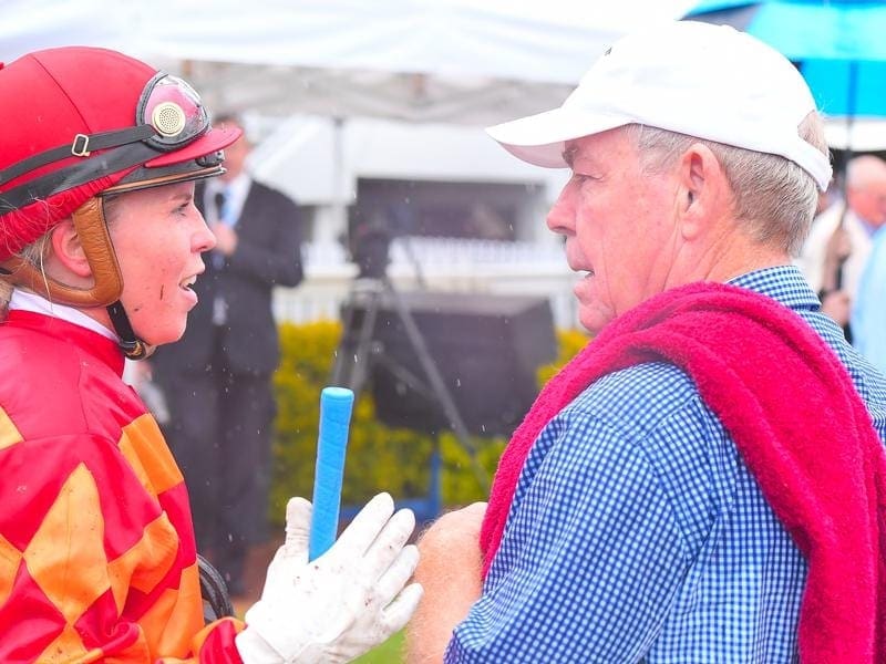 Trainer Peter Hulbert (r) says stable apprentice Aidin Thompson escaped serious injury in a fall. thompson