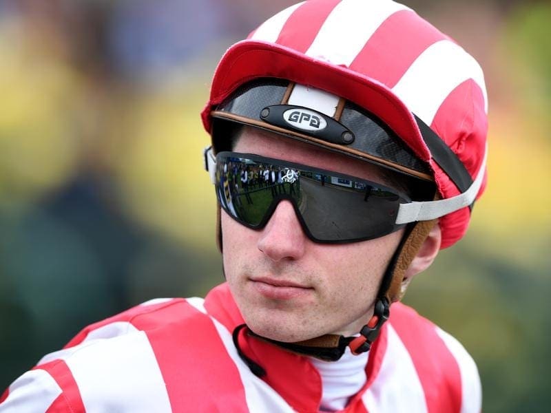 Jockey Tom Sadler has broken his leg in a freak accident in a steeplechase at Casterton. tom sadler