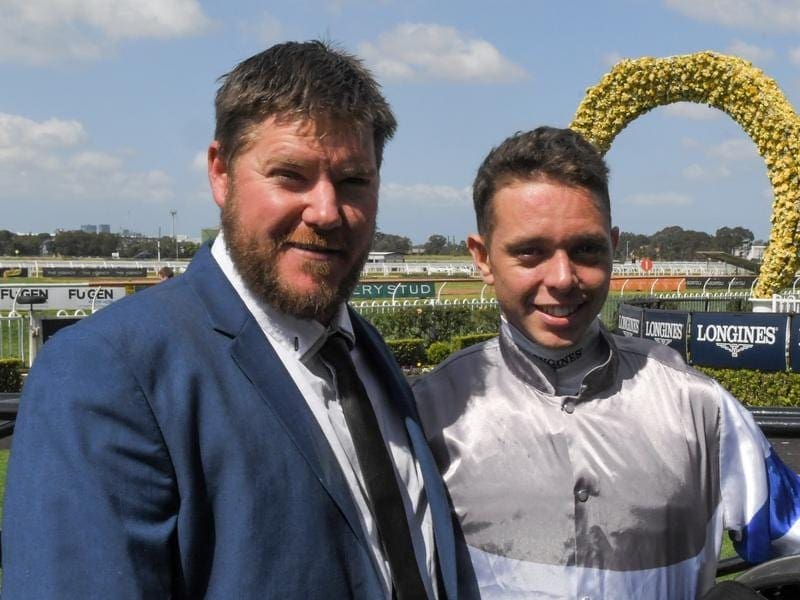 Trainer Colt Prosser and jockey Andrew Adkins have combined for a Rosehill win with Haames. Colt Prosser and Andrew Adkins after their win at Rosehill.