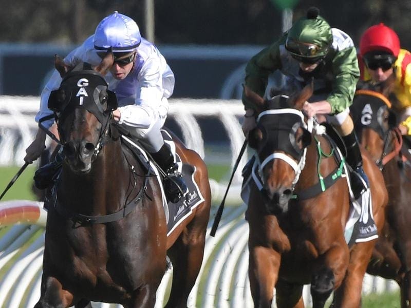 Stampede led all the way to win the Group Three Colin Stephen Quality at Rosehill. Adam Hyeroninmus rides Stampede to victory in race 6 at Rosehill