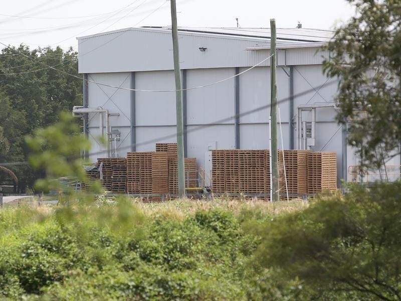 Biosecurity officers have inspected the Qld abattoir at the centre of a racehorse cruelty scandal. A large building on the Meramist Abattoir site in Caboolture.