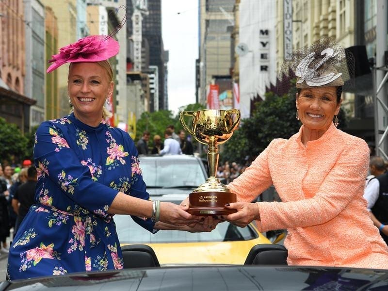 The CBD parade showcases jockeys, trainers and horse racing identities before the Melbourne Cup. Melb Lord Mayor Sally Capp, Vic Racing Club Chairman Amanda Elliott