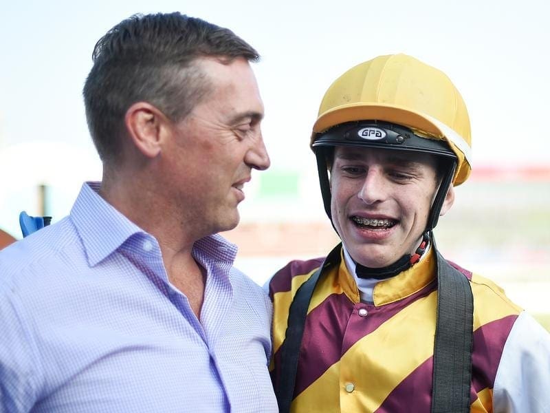 Trainer Tony Gollan and his apprentice jockey Baylee Nothdurft